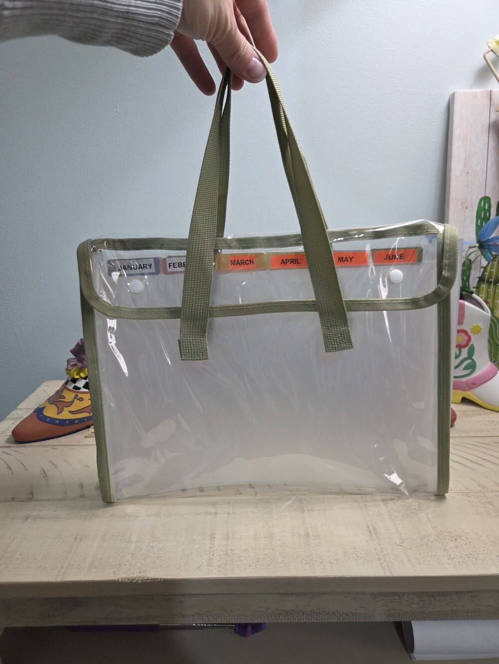 Clear Monthly Organizer Tote Bag PVC Document File Holder Green Trim 12 Tabs-EUC
